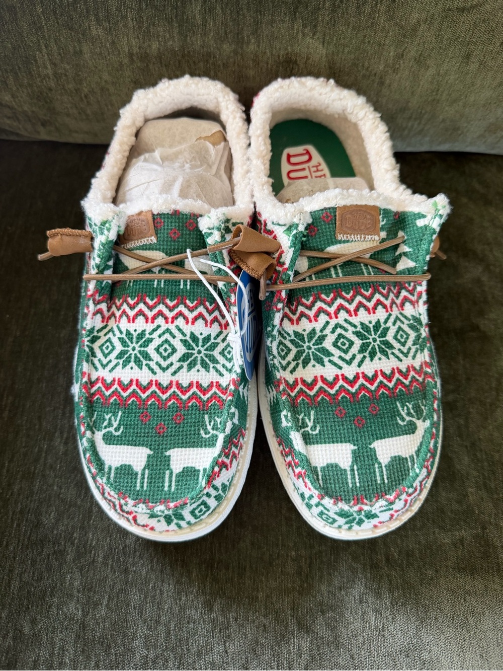 Hey Dude Green Red White Holiday Reindeer Knit Slip-Ons - Picture 2 of 6